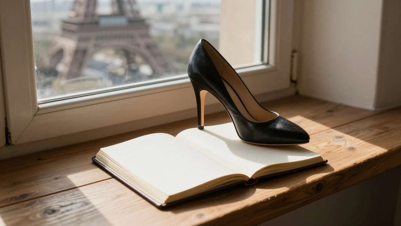 An empty journal and a single high heel rest on a windowsill, morning light highlighting quiet solitude.